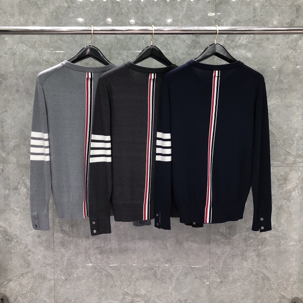 0BO5 thombrowne เสื้อถักต้นฤดูใบไม้ผลิคู่สไตล์เส้นด้ายย้อมเสื้อสเวตเตอร์สี่บาร์ด้านนอกถักรอบคอด้านบน