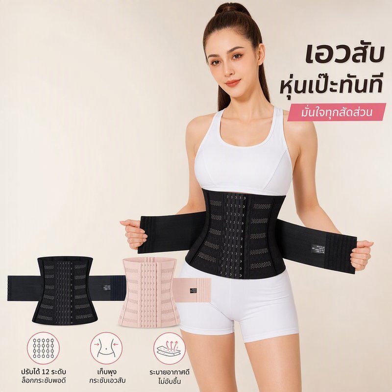 เข็มขัดรัดเอว ผู้หญิง กระชับสัดส่วน โครงเอว 3 แถว 12 ตะขอ ระบายอากาศ ใส่ทุกฤดู
