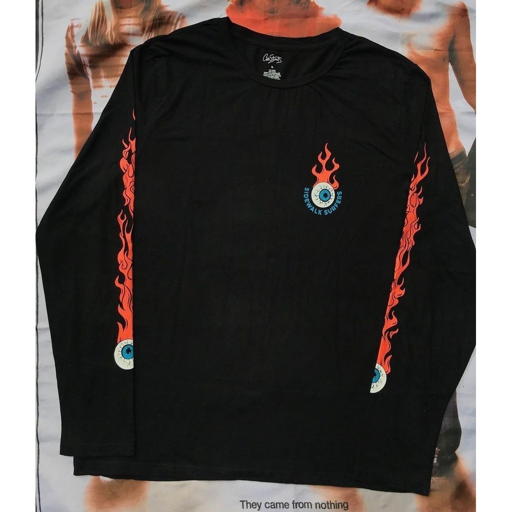 S-3XL อเมริกันย้อนยุคเปลวไฟแขนตากราฟฟิตี จุดต่ําสุด เสื้อด้านบนหลวมผ้าฝ้ายแท้พิมพ์แขนยาวเสื้อยืด