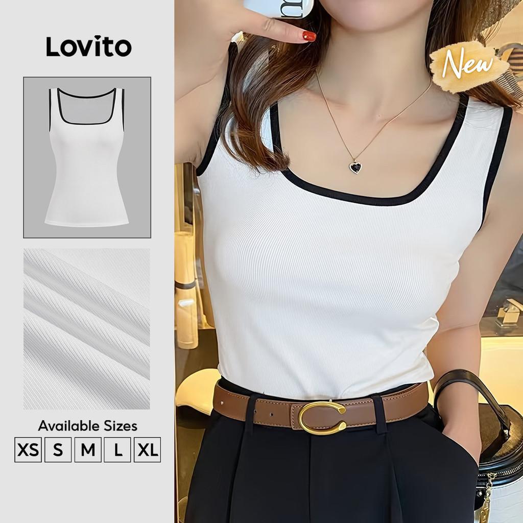 (New Arrival) Lovito เสื้อผู้หญิงแขนกุดคอ U สีขาว แต่งขอบตัดสี สไตล์ลำลอง สำหรับฤดูใบไม้ผลิ ฤดูร้อน 