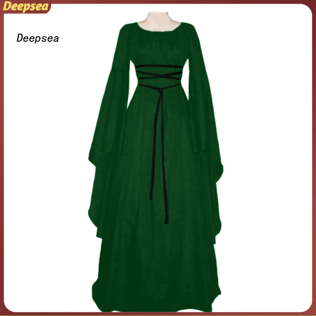 DPA Maxi Dress Retro 4 ขนาดสีทึบแขนยาว O คอชุดคอสเพลย์