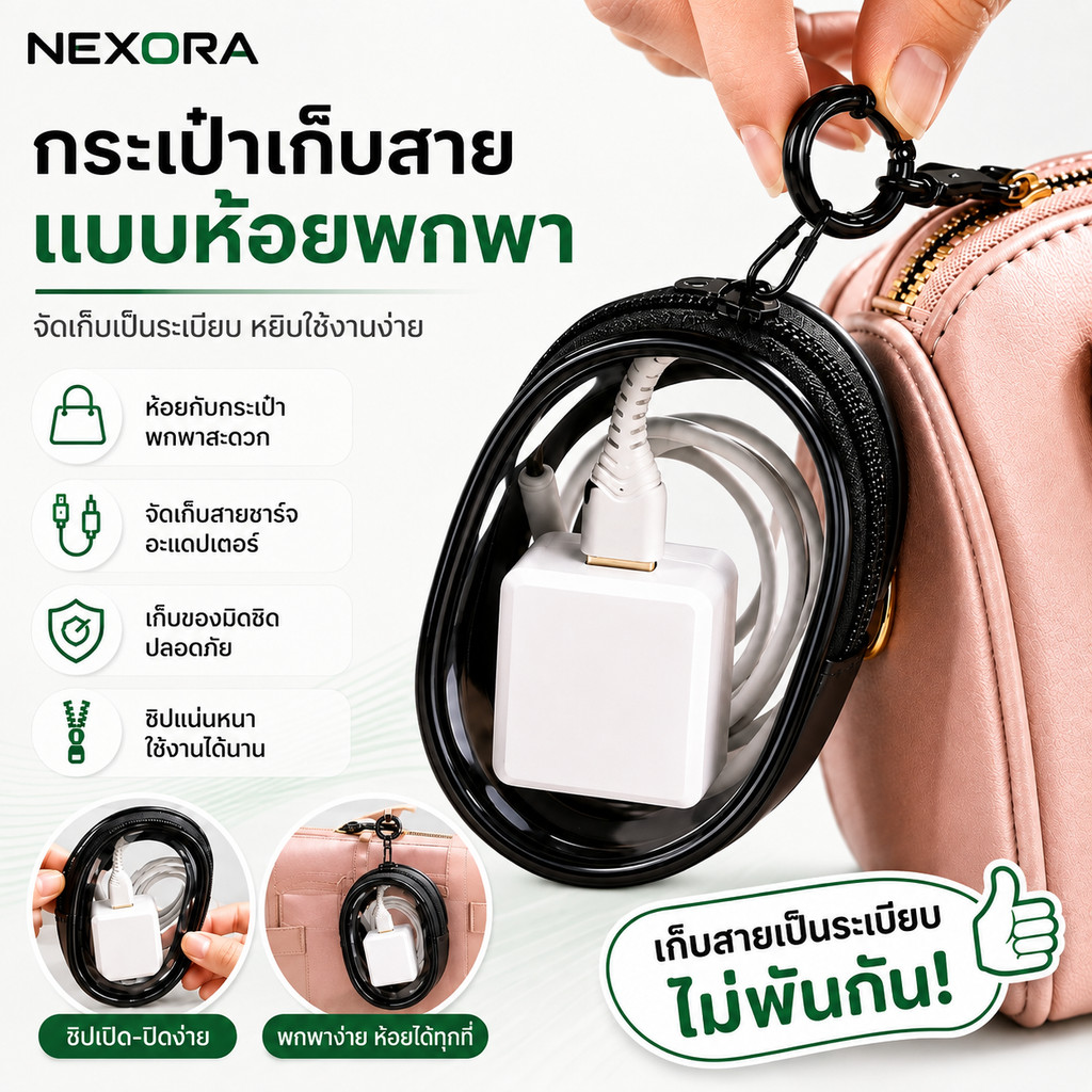 NEXORA  กระเป๋าเก็บสายชาร์จ กระเป๋าจัดระเบียบอุปกรณ์ไอที แบบใส พกพาได้ ใส่หัวชาร์จ สายชาร์จ พาวเวอร์แบงค์ มินิมอล ME202