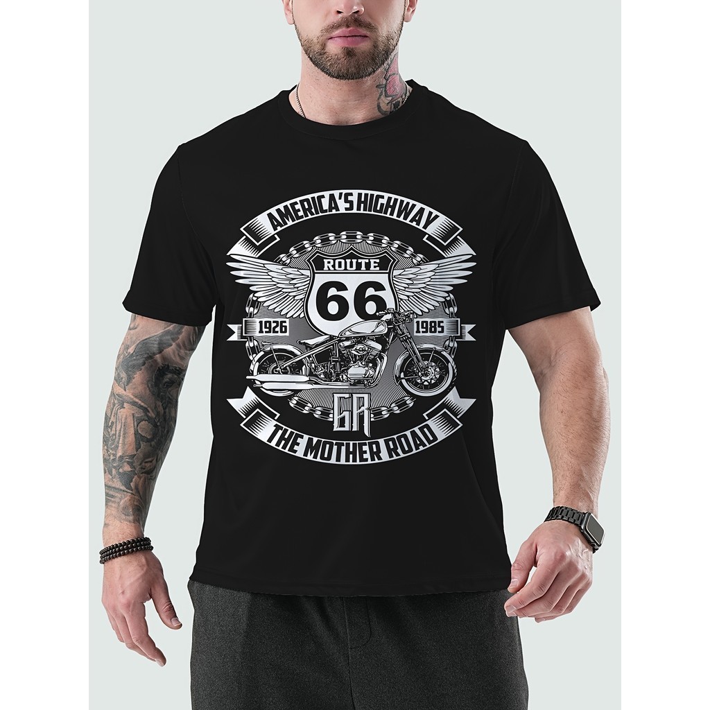 เสื้อยืดกราฟิกรถจักรยานยนต์ Vintage 66 Route 66 สําหรับผู้ชาย - การออกแบบหมายเลข 66