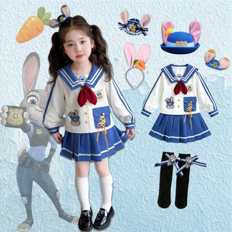 3-12Y สาว Zootopia Judy Bunny เจ้าหน้าที่ตํารวจ JK ชุดเครื่องแบบกะลาสีคอปกจีบกระโปรงคอสเพลย์ชุด