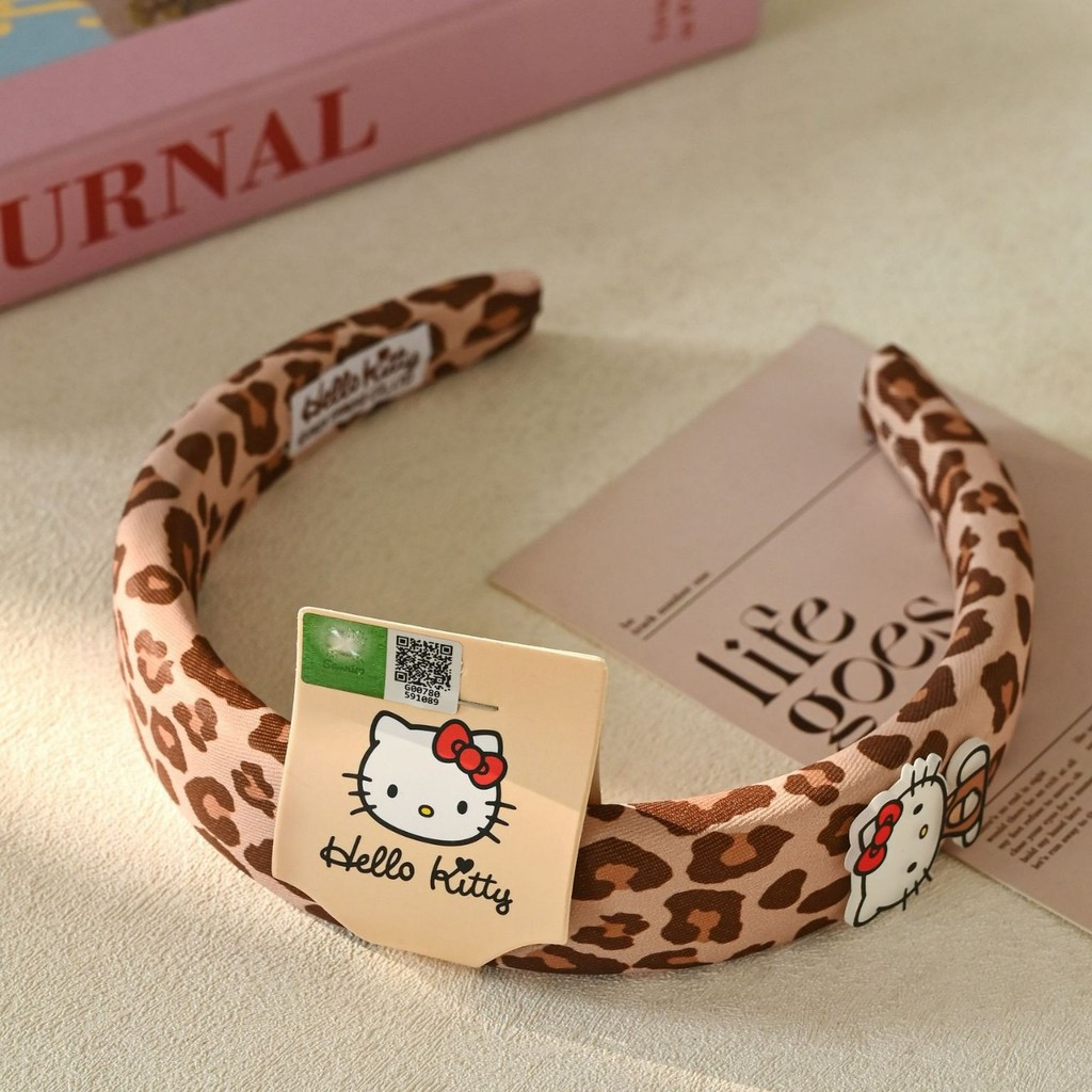ของแท้ hellokitty Sweet Headband KT Cat Plaid Headband Plush Leopard Print Girls Anti-slip High Skul
