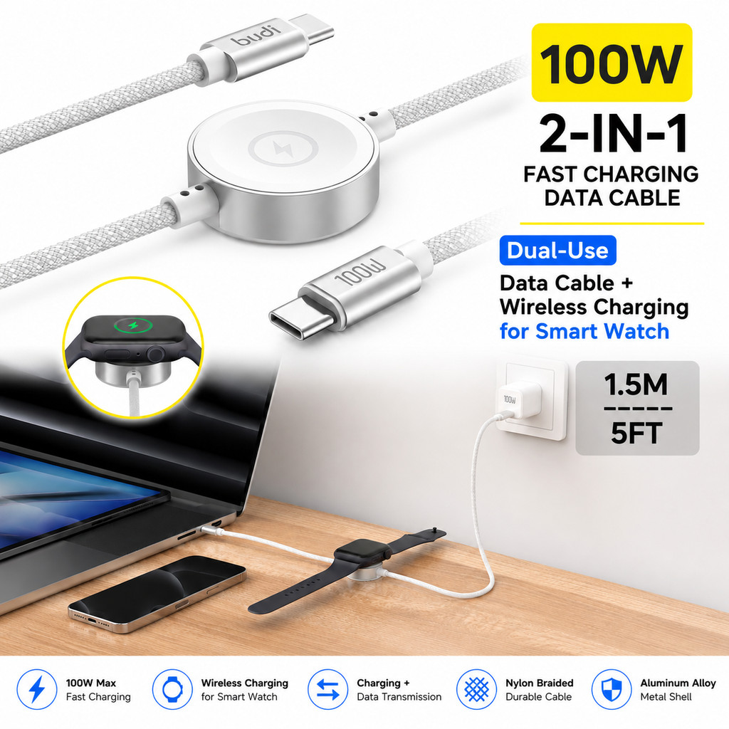 BUDI สายชาร์จ 2-in-1, สาย USB C เป็น USB C 100W พร้อมเครื่องชาร์จไร้สายแบบแม่เหล็กสําหรับสมาร์ทวอทช์