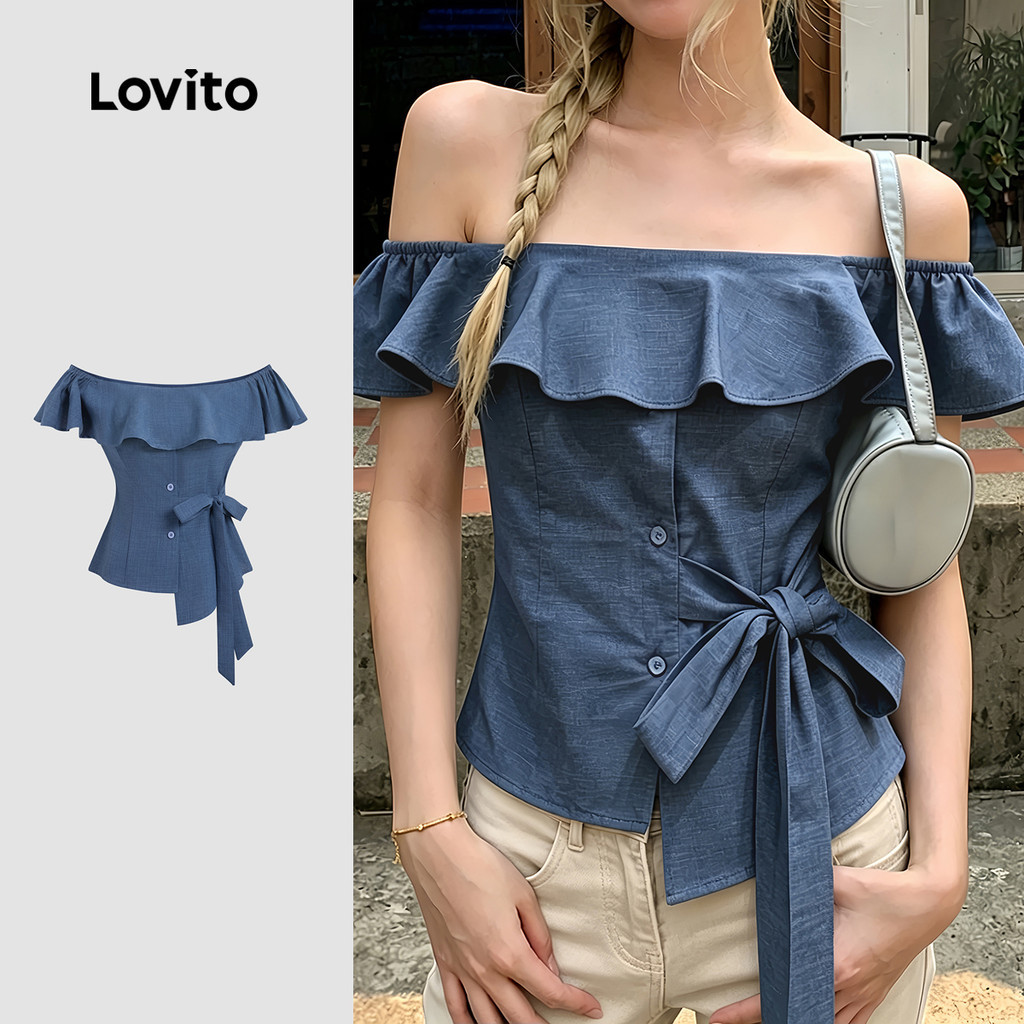 (New Arrival) Lovito เสื้อเบลาส์ลําลอง แขนระบาย กระดุมหน้า สําหรับฤดูใบไม้ผลิ/ฤดูร้อน สีน้ําเงินเข้ม สําหรับผู้หญิง เกาหลี อินเทรนด์ L197AD033