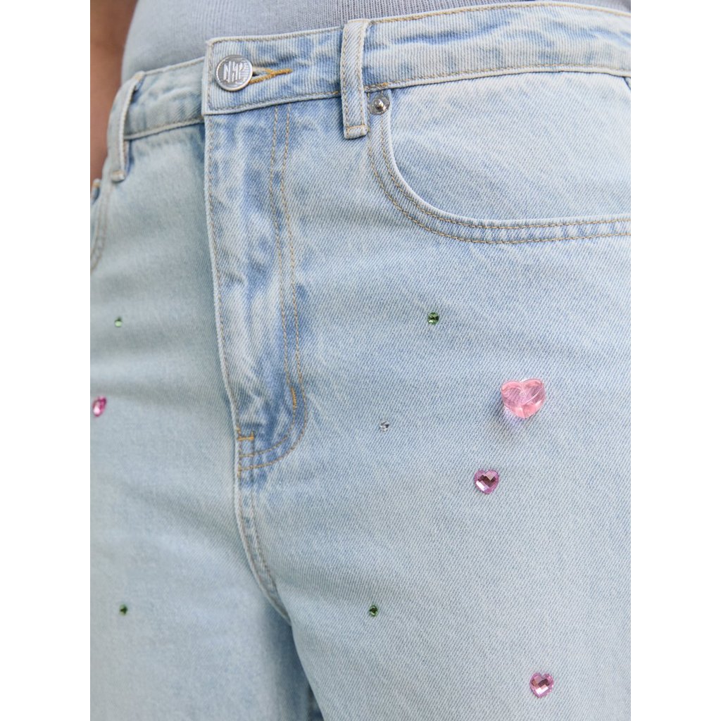 [Pomelo] กางเกงยีนส์ขายาวทรงกว้างประดับเพชร / Rhinestone Mid Waist Wide Leg Jeans — صورة 4