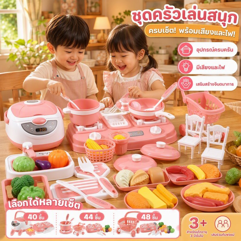 ชุดครัวของเล่นเด็ก 40 48 ชิ้น ไฟเสียง สมมติทำอาหาร มีดปลายทื่อ ถังเก็บมีด การ์ตูนน่ารัก