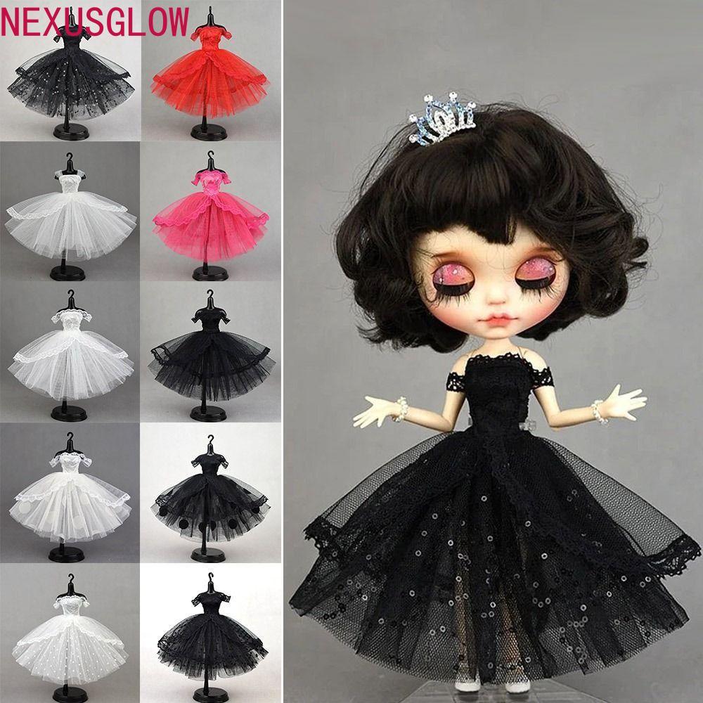 NEXUSGLOW ตุ๊กตาลูกไม้ เสื้อผ้า, Tutu Dotted Dress Up Doll Dress, Fashion Mini Black Multilayer Even