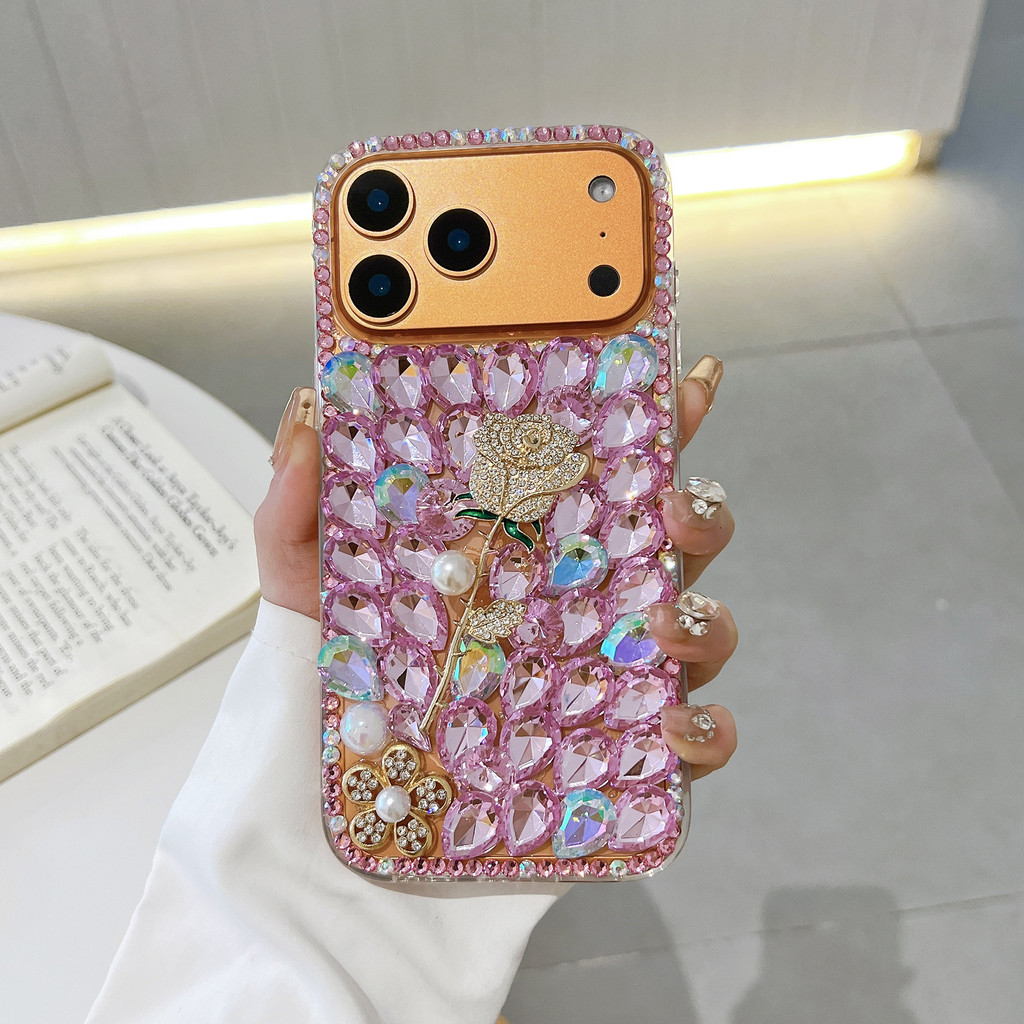 Tech & Art เคสโทรศัพท์ iPhone 11 12 13 14 15 16 17 Pro ProMax Plus หรูหรา Full Diamond Rose เคสป้องก