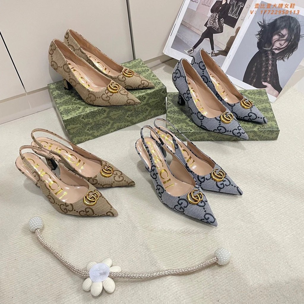 Gucci หนังสไตล์ใหม่สีทึบนูนโลหะ Horsebit Buckle Slingbit Slingbit รองเท้าส้นสูงผู้หญิง Gucci สไตล์ให
