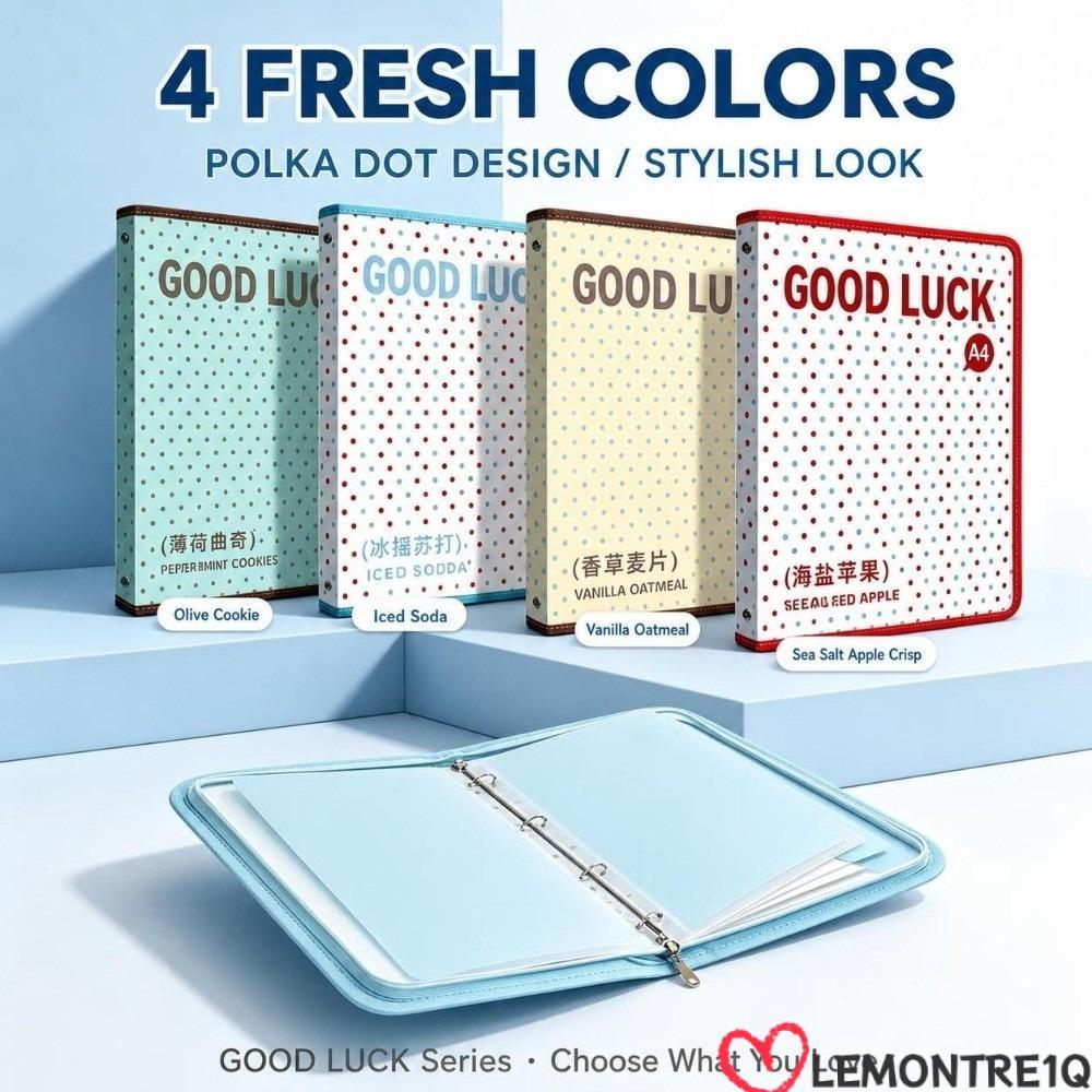 LEMONTREE แฟ้มโฟลเดอร์, ที่ถอดออกได้ 4 หลุมแหวน Binder A4 ซิป Binder, ทนทาน Polka Dot พิมพ์หลวม-Leaf