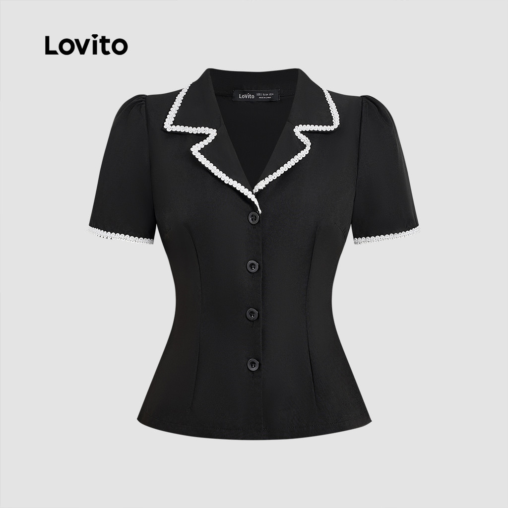 Lovito بلوزة نسائية سوداء بدانتيل — صورة 5