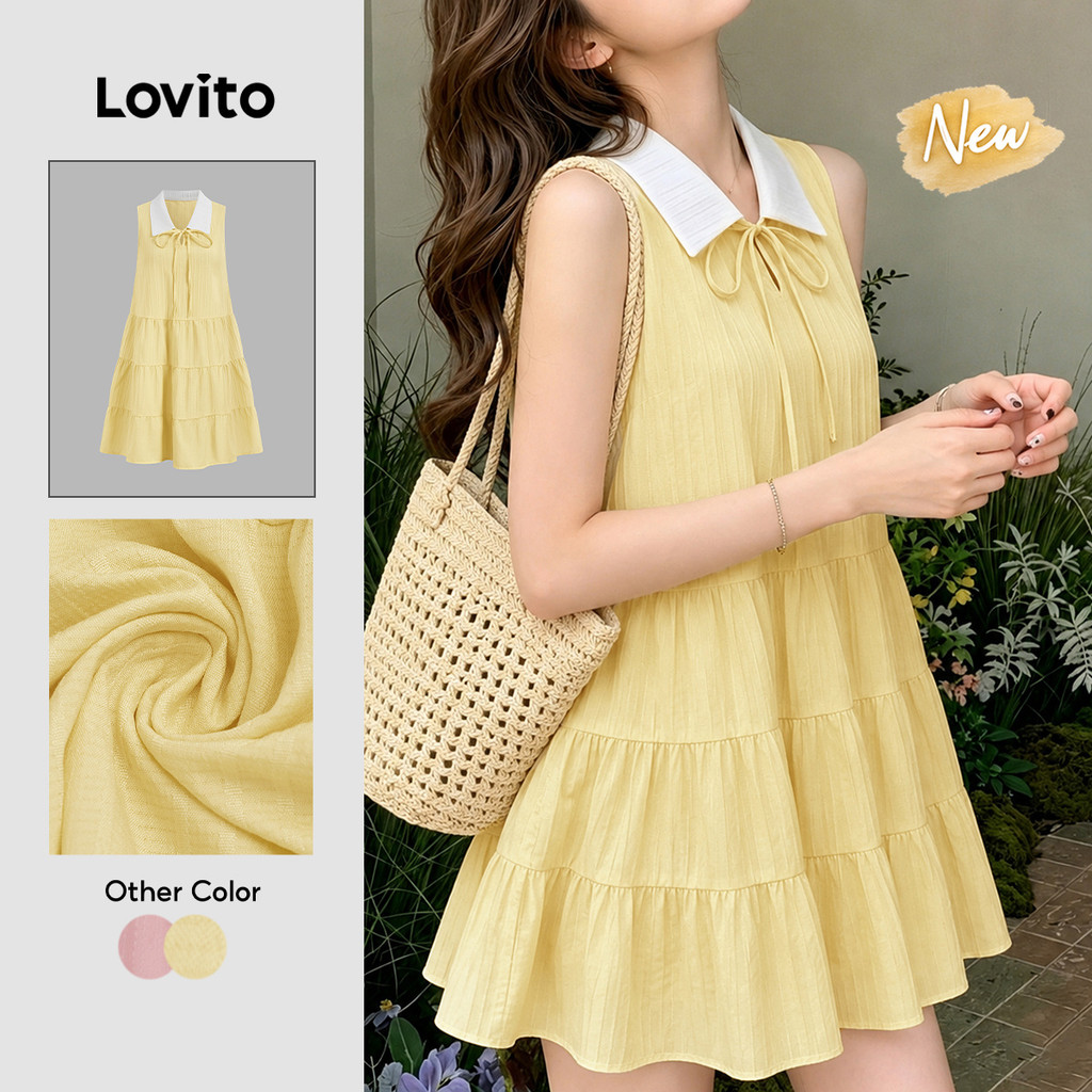 (New Arrival) Lovito เดรสลําลองผู้หญิง เดรสพลีตสีตัด สําหรับฤดูใบไม้ผลิและฤดูร้อน L198ED989