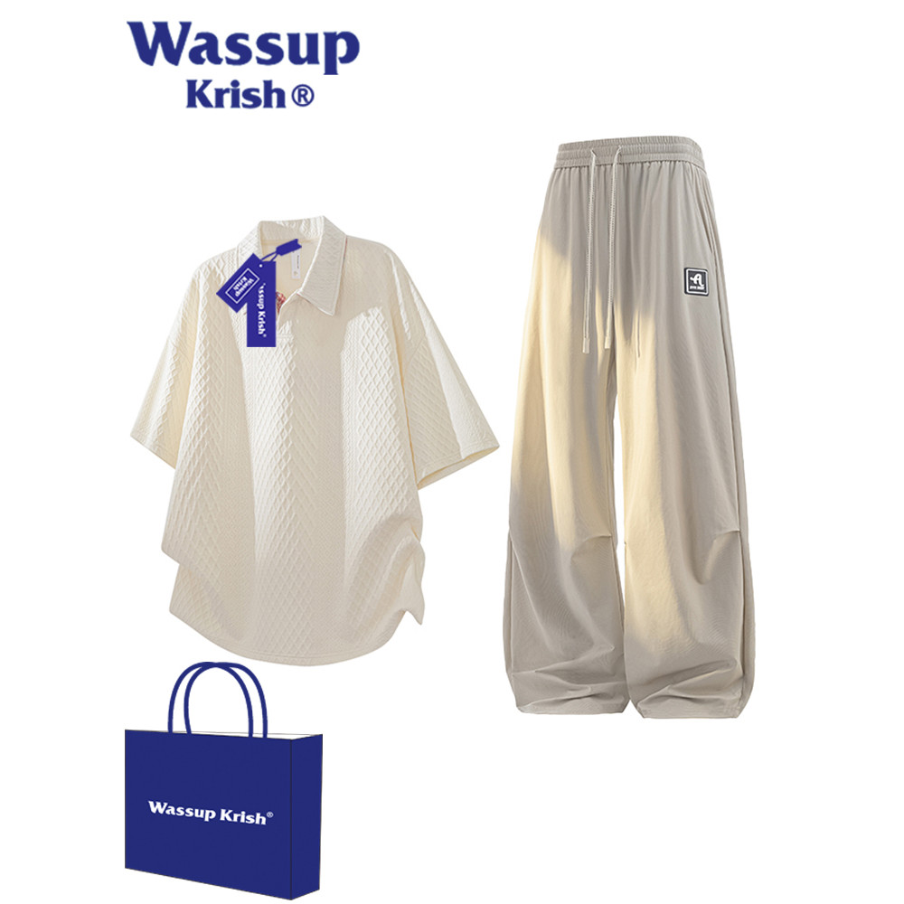 WASSUP KRISH Texture ปก Jacquard ชุดผู้ชายฤดูร้อนบางสไตล์ Breathable POLO เสื้อกางเกงหนึ่งชุด