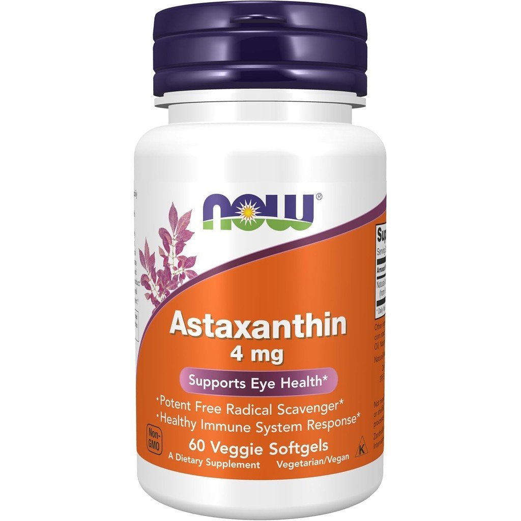 NOW Foods Astaxanthin อาหารเสริม 4มก. คุณสมบัติสีเหลือง ®   รองรับสุขภาพดวงตา *, 60 แคปซูลนิ่มมังสวิ