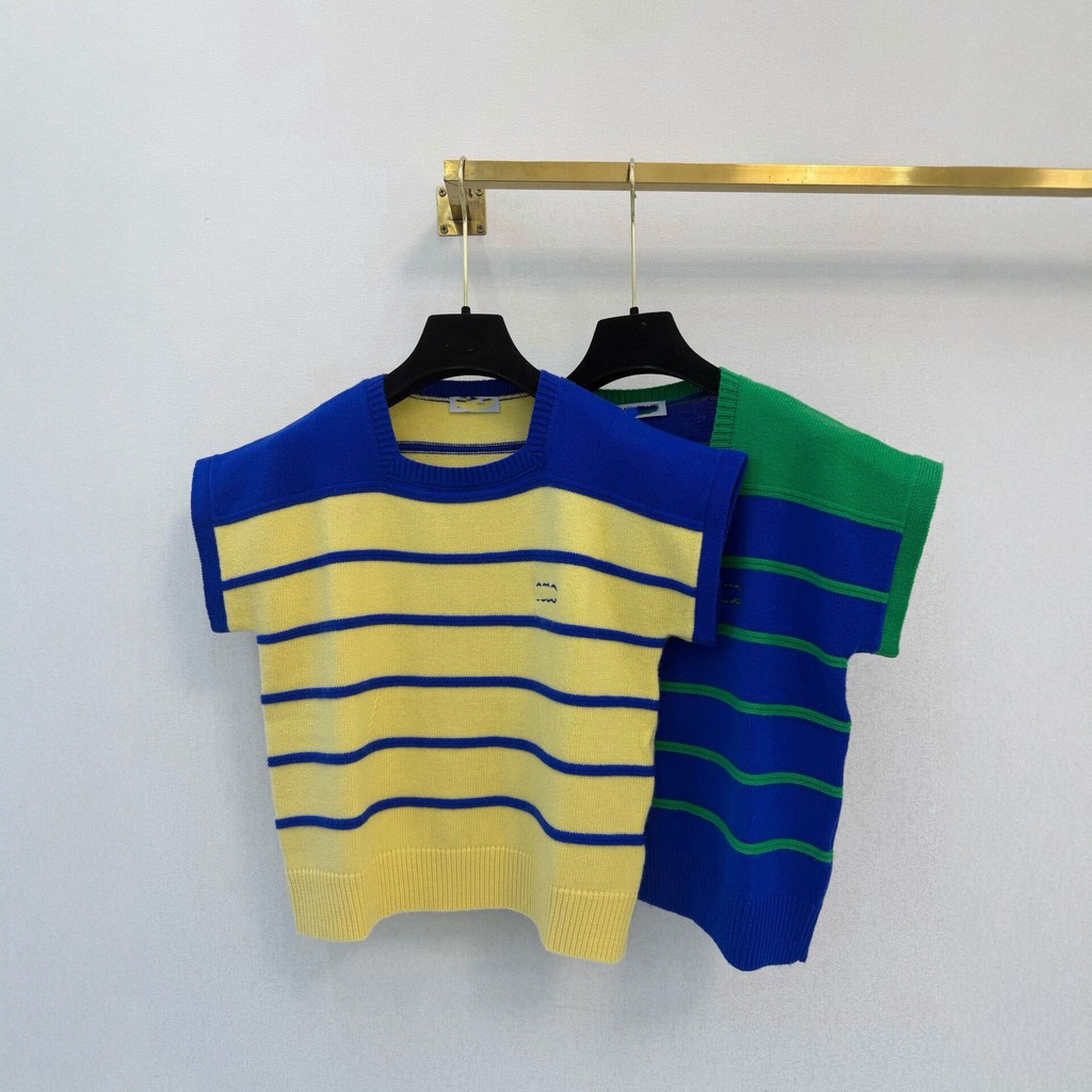 9IAU L//O  26Summer striped knitted short-sleeve top for women, round neck wool bat-sleeve knit shir