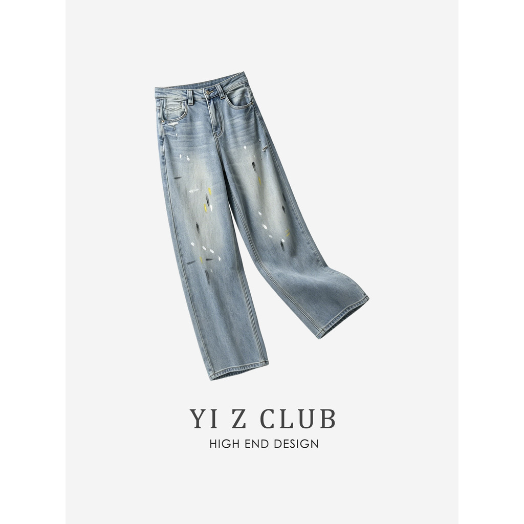 Yi Z CLUB Distressed Ripped Graffiti เอวสูงหลายกระเป๋ากางเกงยีนส์ตรงขนาดใหญ่ฤดูใบไม้ผลิฤดูร้อนเสื้อผ