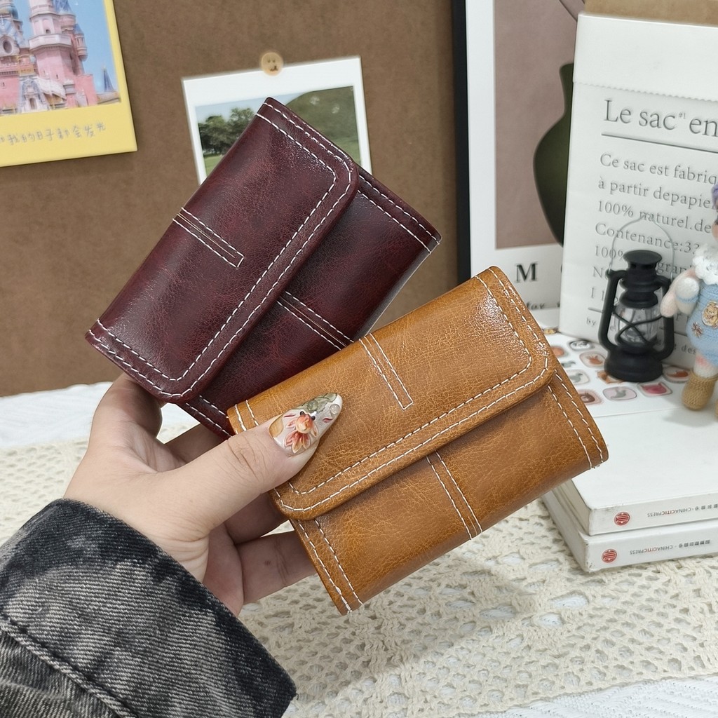 Retro Oil Wax Leather Organ Card Holder Female Short Small Multi-card Buckle Coin Purse Mini Portabl