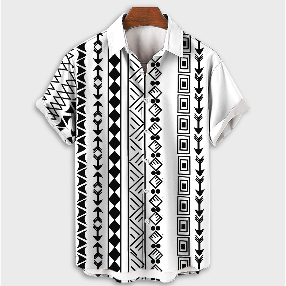 Barong Retro รูปแบบพิมพ์เสื้อผ้าสบายๆฤดูร้อนชาติพันธุ์ Tribal Lapel แขนสั้น Mocha Mousse เสื้อผู้ชาย