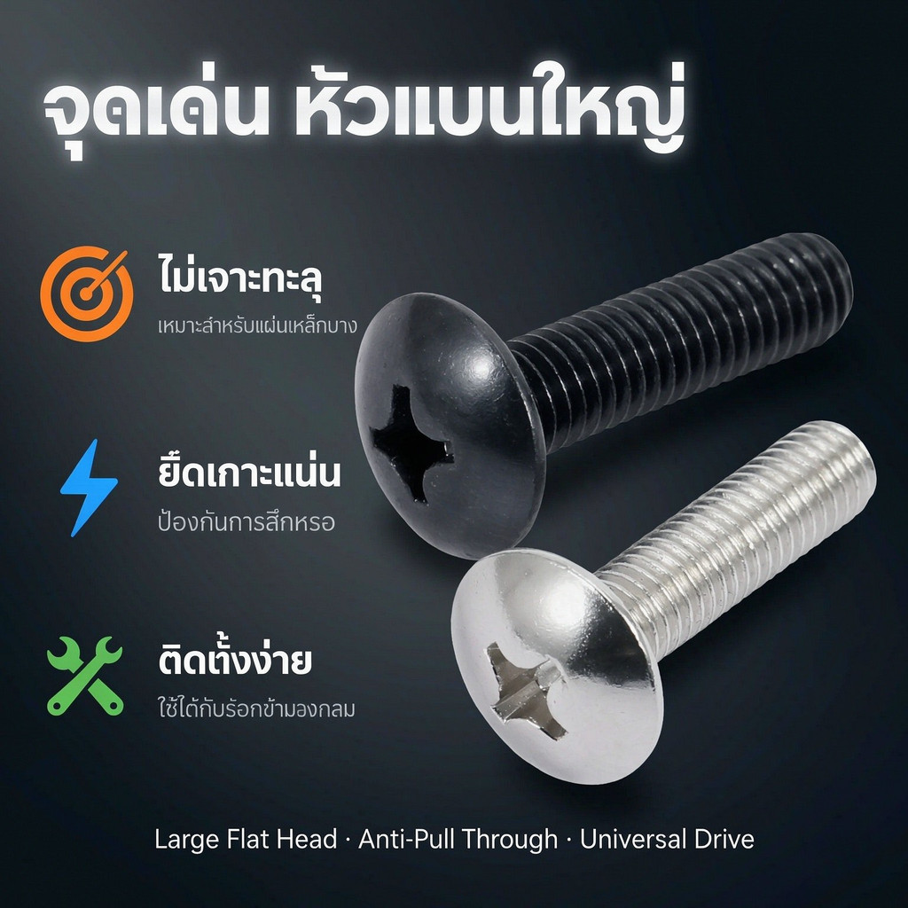 สีดำ น็อตหัวกระทะ JT+ แฉก สแตนเลส 304 M2 M2.5 M3 M4 M5 M6 M8 M10 Truss Head Machine Screw SUS304 Sta