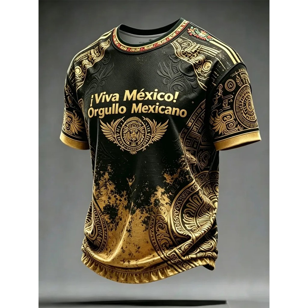 Viva Mexico Orgullo Mexicano Aztec Winged Emblem Graphic Mens เสื้อยืด, สีดําทอง Vintage Distressed 