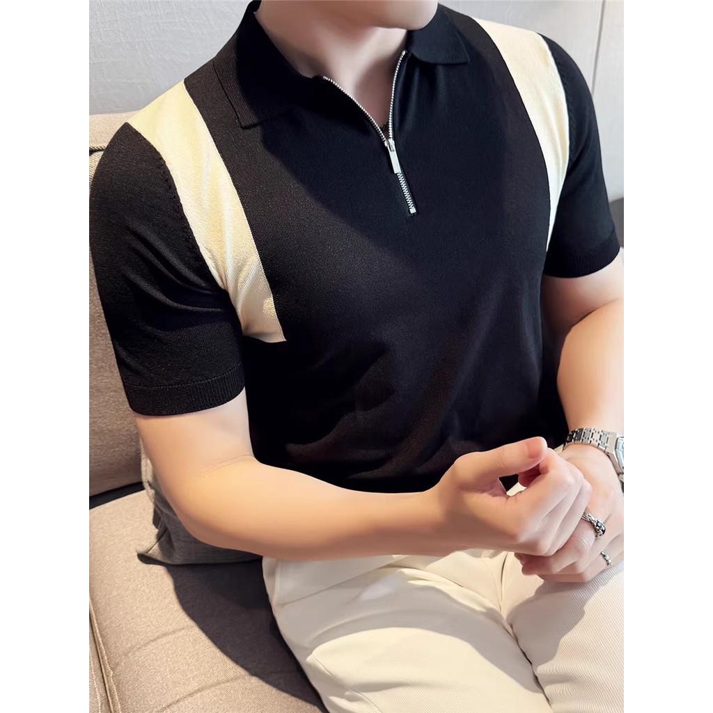 Ice Sense Thin Style Style Style Style Style Color-Blocking ถักเสื้อโปโลแขนสั้นครึ่งซิปลําลองสบายครึ