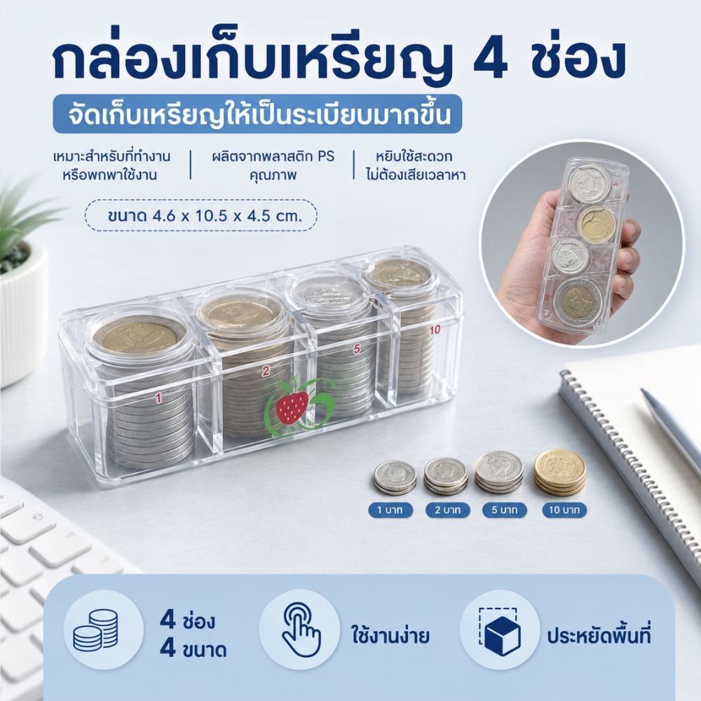 กล่องเก็บเหรียญ 4 ช่อง ใช้งานง่าย เหมาะสำหรับการจัดเก็บเหรียญบนรถยนต์ โต๊ะทำงาน หรือพกพาก็สะดวก G0152