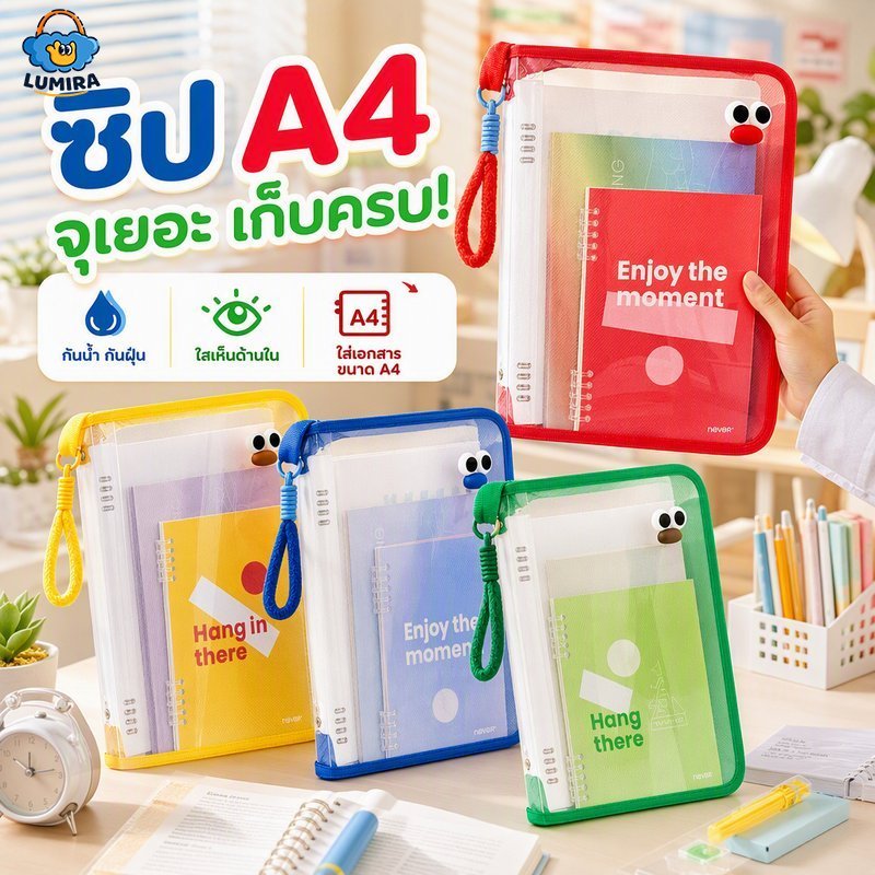 กระเป๋าแฟ้มซิป A4 PP ใส กันน้ำ กันฝุ่น ความจุสูง ทรงแบน พกพา ออฟฟิศ นักเรียน ใส่ชีท