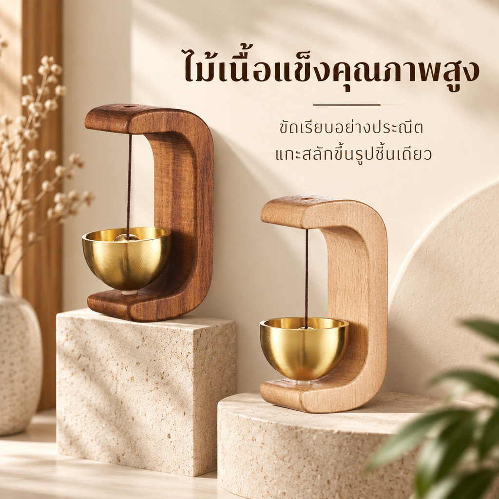 กริ่งประตูแม่เหล็ก กระดิ่งประตู กระดิ่งทองแดง ฐานไม้ สำหรับประตูหน้าต่าง สไตล์เรโทร A00275