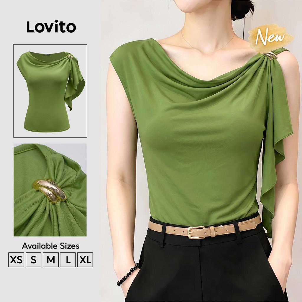 (New Arrival) Lovito เสื้อยืดผู้หญิงสีเขียว แขนสั้น คอเดรป สไตล์โลหะ หรูหรา สำหรับฤดูใบไม้ผลิและฤดูร