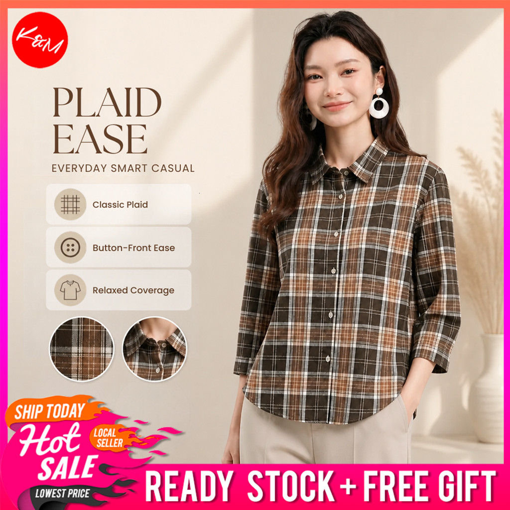 KM Delisa เสื้อเชิ้ตคอปกลายสก๊อต 3/4 Sleeve Casual Kemeja [B14697]