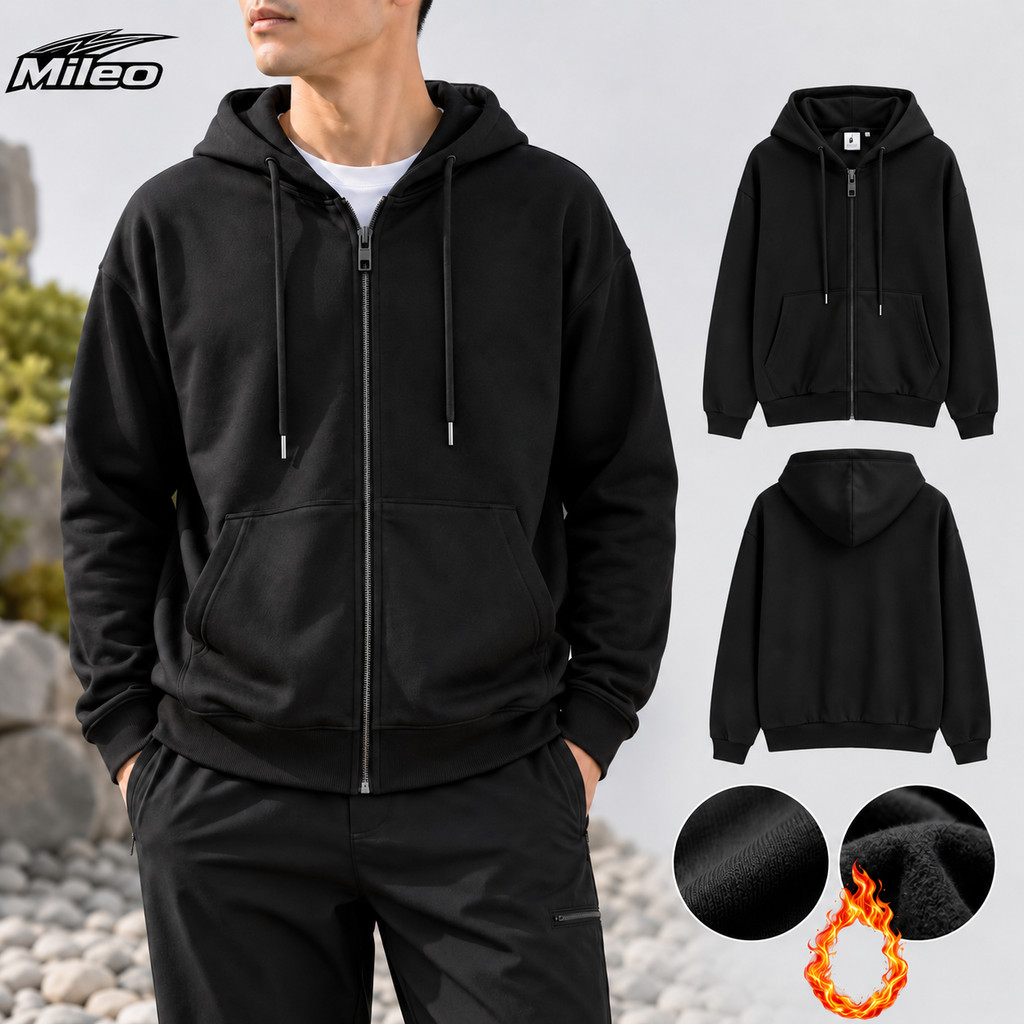 Mileo เสื้อกันหนาวมีฮู้ดขนแกะซิปเต็มสําหรับ ไม่จํากัดเพศ หนาฤดูหนาวเสื้อคลุมด้วยผ้าหลวมสบายๆแจ็คเก็ตสีดํากับกระเป๋า
