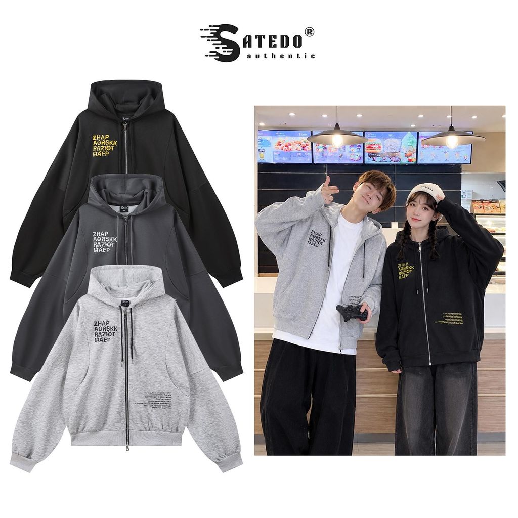 SATEDO เสื้อฮู้ด Unisex มีซิป 2 ทาง, วัสดุสักหลาดผิวคู่, รูปแบบกีฬาหลวม, สไตล์ Streetwear, รหัสสินค้