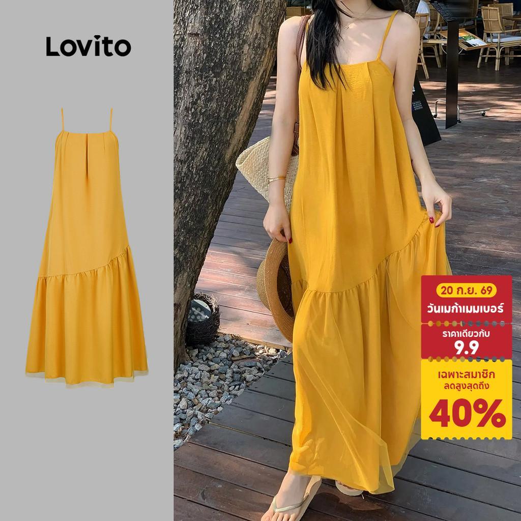 Lovito โบโฮ เดรสระบายสองชั้น ไร้หลัง สีเหลือง สําหรับฤดูใบไม้ผลิ/ฤดูร้อน L198ED142