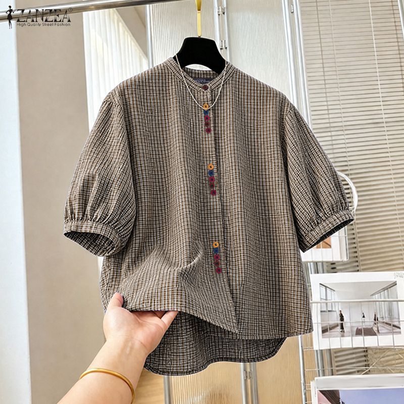 ZANZEA เสื้อเชิ้ตแขนสั้นติดกระดุมแฟชั่นเกาหลีของผู้หญิงหลวมมีสไตล์ — صورة 5
