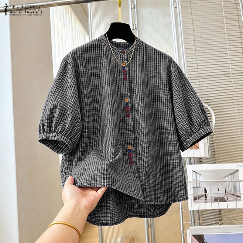ZANZEA เสื้อเชิ้ตแขนสั้นติดกระดุมแฟชั่นเกาหลีของผู้หญิงหลวมมีสไตล์ — صورة 6