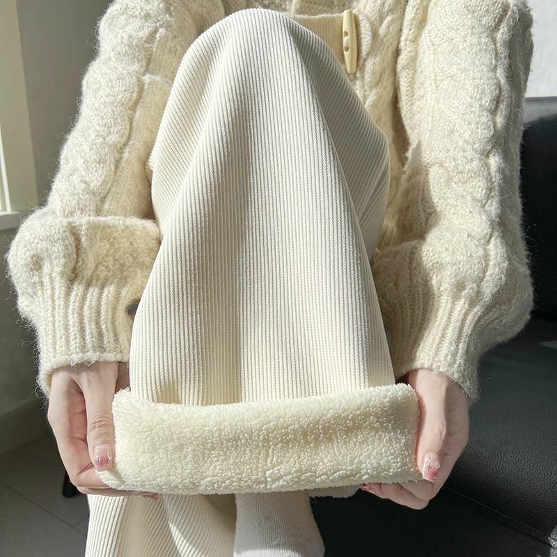 ขนแกะเนื้อแกะกางเกงขากว้างผู้หญิง 2025 ฤดูใบไม้ร่วงฤดูหนาวรูปแบบใหม่หลวมผ้าลูกฟูกกางเกงขาตรง