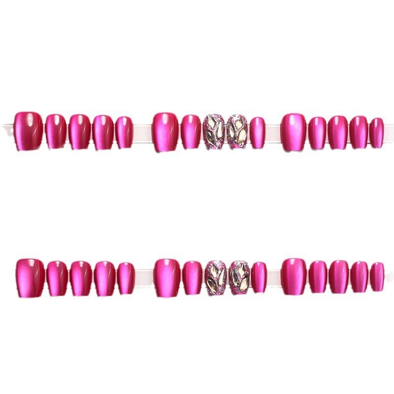 X444 Dragon Fruit Color Cats Eye Full Diamond Wear สติ๊กเกอร์ติดเล็บ 2025 Strobe High-End สั้นสําเร็