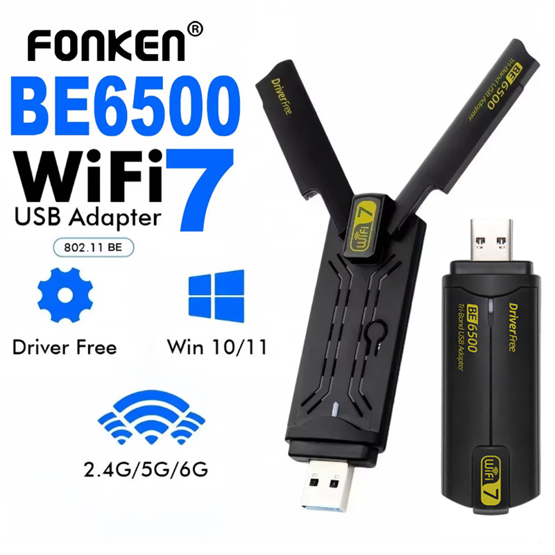 Fonken BE6500 WiFi 7 USB WiFi อะแดปเตอร์ 6500Mbps USB 3.0 Tri-Band 2.4G/5G/6GHz การ์ดเครือข่ายสําหรั