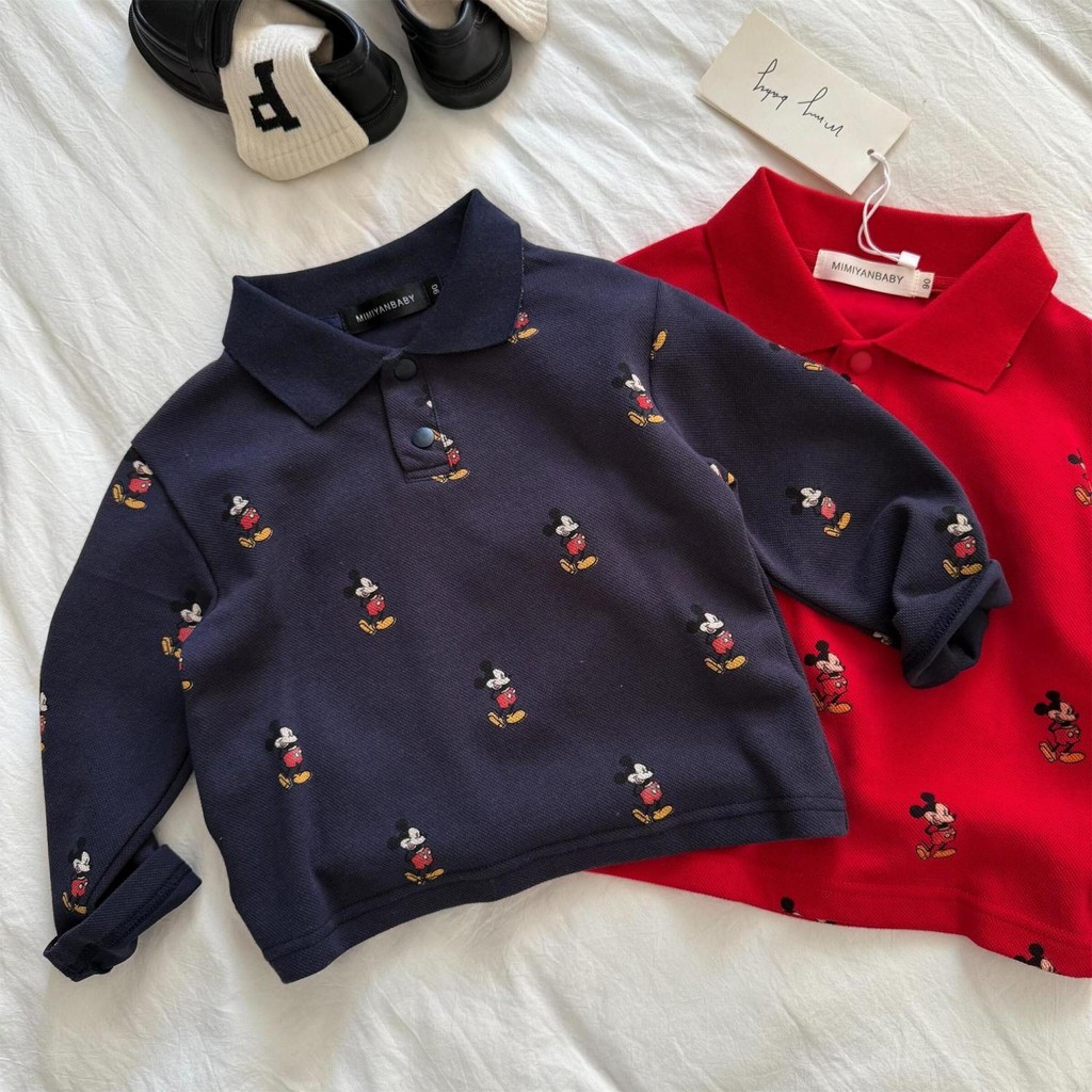เสื้อโปโลแขนยาวสำหรับเด็กชาย ผ้าฝ้ายแท้ ลายพิมพ์มิกกี้ MOUSE สไตล์เกาหลี