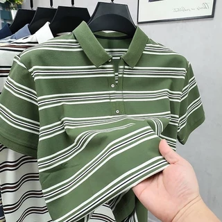 Chaistyle เสื้อโปโล ลายทางสำหรับฤดูร้อน แขนสั้นชายวัยกลางคน แบบหลวม แมทช์ลุคง่าย สไตล์ธุรกิจ/ลำลอง ขนาด M-3XL