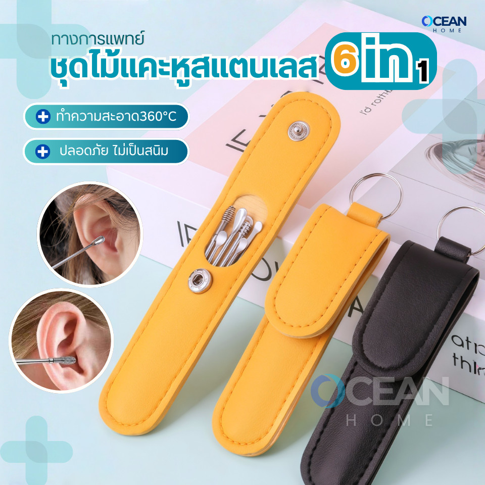 ไม้แคะหูสเตนเลสแท้ ชุดไม้แคะหู 6 in 1 พร้อมซองใส่เก๋ๆ ไม้แคะหู ทำความสะอาดรูหูแบบพกพา
