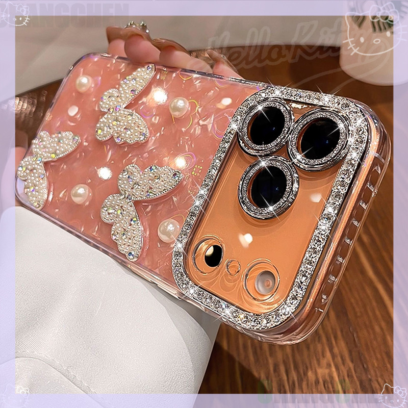 IMD รูปแบบเลเซอร์เคสโทรศัพท์สําหรับ iPhone 17 15 16 14 13 11 12 Pro Max แฟชั่น Rhinestone Pearl ผีเสื้อ Lanyard ฝาครอบป้องกัน