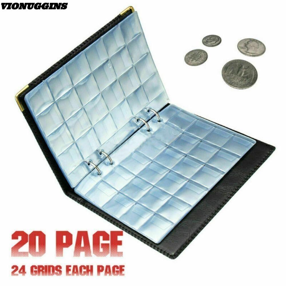 VIONUGGINS 480 ชิ้นเงินถุงเก็บเหรียญ,หนังสือที่ระลึกปกหนังเทียม,เหรียญอัลบั้ม,แบบพกพาสีดํา OPP หน้าด้านในผู้ถือเหรียญสมุดภาพ