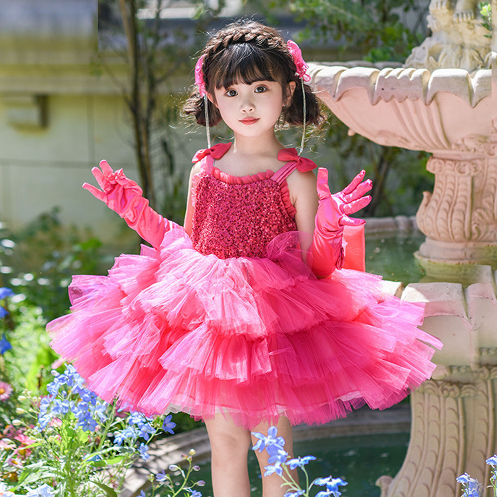 Barbie Girl Princess Dress Dress Summer Rose Red Dress Classy Puff Skirt Performance Dress 10.18 q