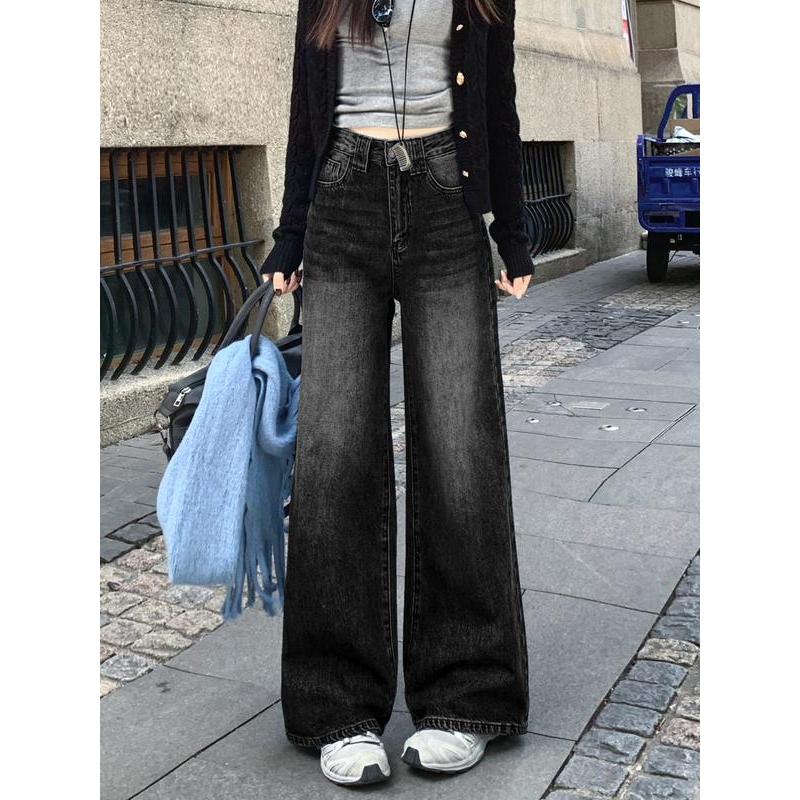 กางเกงยีนส์ กางเกงกระบอก เอวสูง ขากว้าง ฟอกน้ำ สไตล์เกาหลี #EL1153