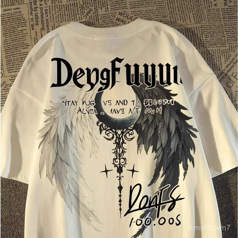 เสื้อยืดแขนสั้นสไตล์สตรีทอเมริกันแบรนด์ดังสำหรับผู้ชายและผู้หญิงในช่วงฤดูร้อนสไตล์สตรีทย้อนยุคหลวมๆ เสื้อคู่รัก