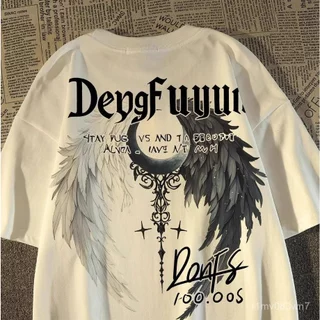 เสื้อยืดแขนสั้นสไตล์สตรีทอเมริกันแบรนด์ดังสำหรับผู้ชายและผู้หญิงในช่วงฤดูร้อนสไตล์สตรีทย้อนยุคหลวมๆ เสื้อคู่รัก